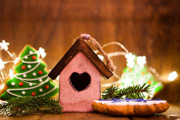 Christmas decoration over the dark wooden background