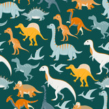 Fototapeta Dinusie - Seamless pattern with flat vector cartoon dinosaurs.