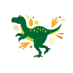  Flat vector isolated cartoon dinosaur with abstract leaves.
