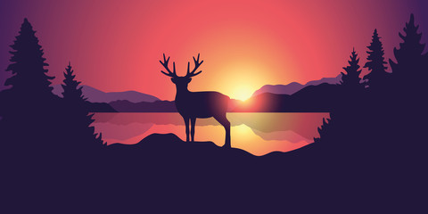 beautiful wildlife landscape with reindeer lake mountains and forest at sunset vector illustration e