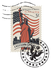 Wall Mural - Vector illustration of a 5-cent USA postage stamp with a postmark in retro style. Postage stamp with statue of Liberty in background of american flag and New York skyscrapers and words Freedom forever