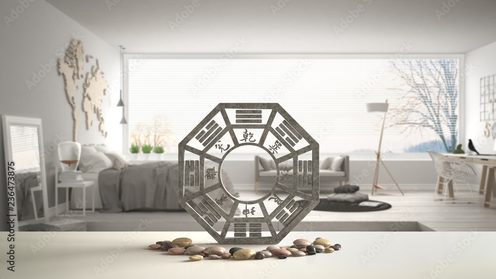 White table shelf with bagua and pebble stone, white scandinavian bedroom with big panoramic window, zen concept interior design, feng shui template idea background - obrazy, fototapety, plakaty 