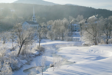 Sunrise over Stowe Community Church on a cold winter morning, Stowe, Vermont, USA