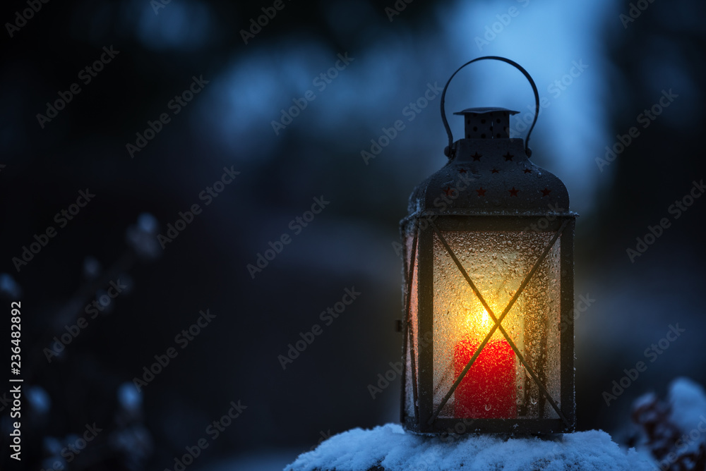 Candle lantern in the snowy garden at dusk. - obrazy, fototapety, plakaty 
