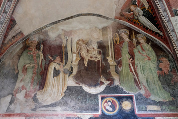  Virgin Mary with baby Jesus and Saints, fresco in the cloister, Cathedral of Santa Maria Assunta i San Cassiano in Bressanone, Italy
