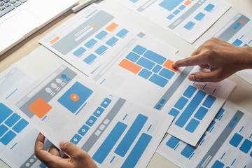 Website designer Creative planning application developer development draft sketch drawing template layout prototype framework wireframe design studio . User experience concept .