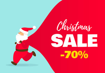 Wall Mural - Sale Christmas banner. Vector illustration of Santa Claus with big bag.