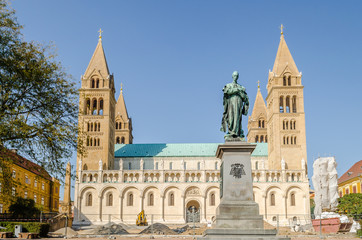 The statue in front of the cathedral in Pecs