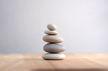 Stone Cairn On Striped Grey White Background, Five Stones Tower, Simple Poise Stones, Simplicity Harmony And Balance, Rock Zen