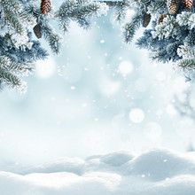 Christmas Winter Background With Snow And Blurred Bokeh.Merry Christmas And Happy New Year Greeting Card With Copy-space.