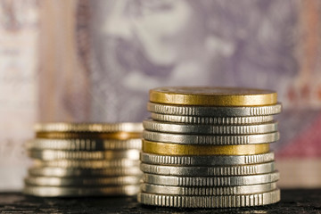 Polish Zloty coins stacked in two stacks