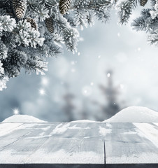 Merry christmas and happy new year greeting background with copy-space.Winter landscape with snow and christmas trees