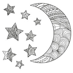 Wall Mural - Crescent on white. Moon and stars with abstract patterns on isolation background. Zentangle. Design for spiritual relaxation for adults. Black and white illustration for anti stress colouring page