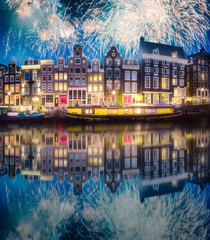 Wall Mural - River, traditional old houses and boats, Amsterdam