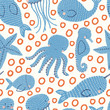 Seamless ocean animals vector repeat pattern with seals, starfish, whales octopus, seahorse, narwhals and jellyfish
