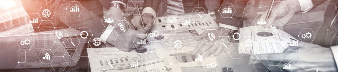 Wall Mural - double exposure mixed media. diagrams and icons on hologram screen. business people and modern city 