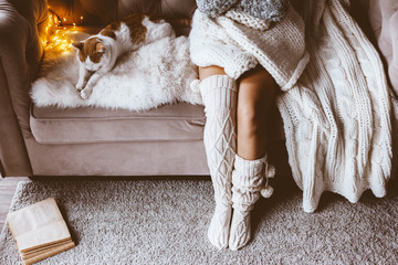 Poster - Girl with cat relaxing on a sofa