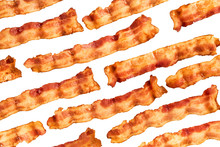 Background Of Bacon Slices Disposed In Diagonal And Isolated On White Background. Directly Above.