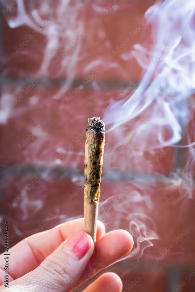 cigarette joint weed A smoking marijuana cigarette joint held by a woman's hand Stock Photo