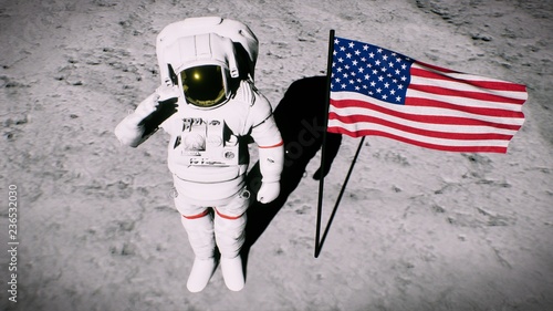 Fotomural Astronaut on the moon near the us flag salutes. 3D Rendering