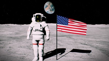 Astronaut on the moon near the us flag salutes. 3D Rendering