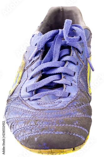 Fotografía old futsal shoes on white background football sportware object isolated