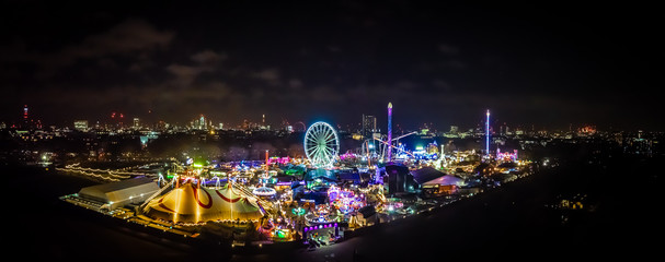 Aerial view of Christmas funfair in Hyde park, London