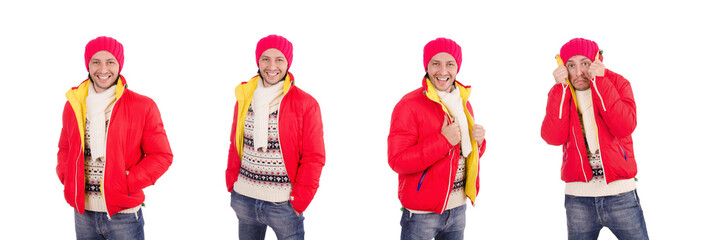 Wall Mural - Young man in winter clothes isolated on white