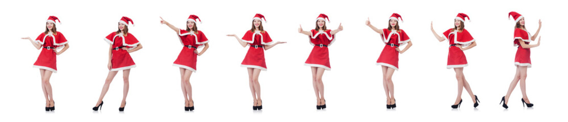 Wall Mural - Young woman in red santa costume on white