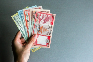 Hand holding nepalese currency (banknotes).