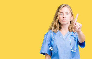 Beautiful young doctor woman wearing medical uniform over isolated background Pointing with finger up and angry expression