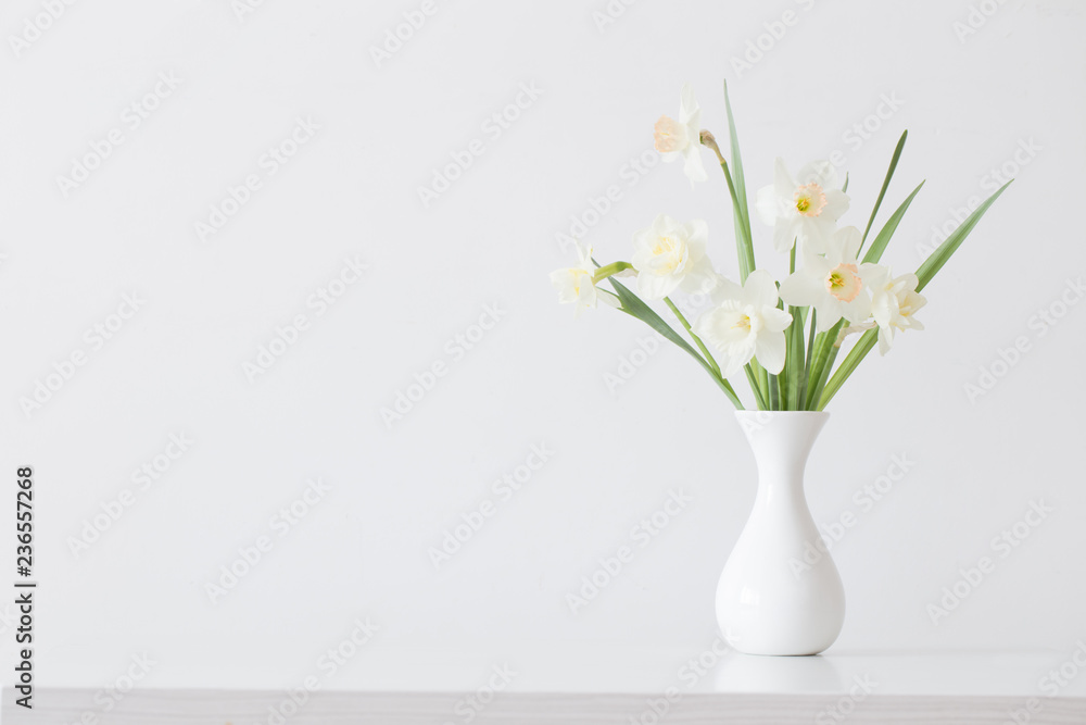 spring flowers in white vase - obrazy, fototapety, plakaty 