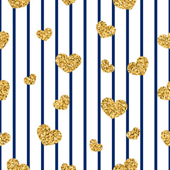 Wall Mural - gold heart seamless pattern. blue-white geometric stripes, golden confetti-hearts. symbol of love, v