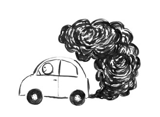 Sticker - Black brush and ink artistic rough hand drawing of smoke coming from car exhaust into air. Environmental concept of pollution.