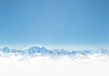 Panorama Of Winter Mountains With Snow. Copy Space Background For Your Design