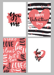 Wall Mural - Set of Valentine's day greeting cards with hand written lettering greeting words and modern brush strokes and painted splashes decoration on background