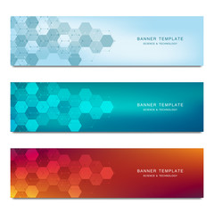 Set of vector banners and headers for site with medical background and hexagons pattern. Abstract geometric texture. Modern design for decoration website and other ideas.