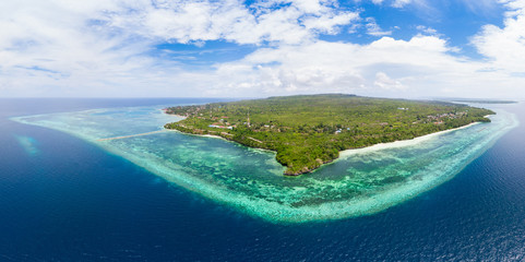 Sticker - Aerial view tropical beach island reef caribbean sea. Indonesia Wakatobi archipelago, Tomia Island, marine national park. Top travel tourist destination, best diving snorkeling.