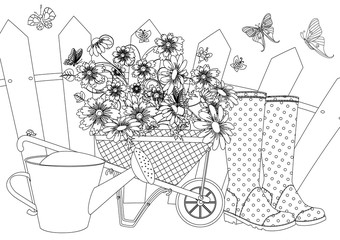 Wall Mural - rustic landscape with set of lovely flowers in garden wheelbarrow, watering can, welly boots for your coloring book