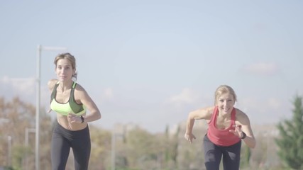 Wall Mural - Two beautiful women perform outdoor exercise in park.