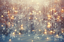 Beautiful Snowy Forest And Abstract Shiny Light Background