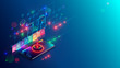 © AndSus - Concept development abstract smart home system. Mobile app showing plan building IOT devices. Isometric infographics illustration about internet of things on holographic drawing building on smartphone