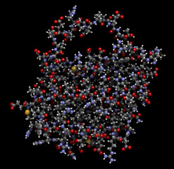 Sticker - BCL-2 protein. Prevents apoptosis (cell death) and often found overexpressed in cancer cells. The corresponding BCL2 gene is a proto-oncogene. 3D rendering based on protein data bank entry 1g5m.