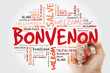 Bonvenon (Welcome in Esperanto) word cloud with marker in different languages, conceptual background