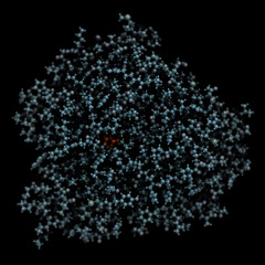 Wall Mural - Cytochrome P450 (CYP2D6) liver enzyme, in complex with the alkaloid quinine. 3D rendering based on protein data bank entry 4wnv. Ball-and-stick model, black background.