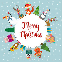 Christmas Card With Cute Dressed Animals And Wishes