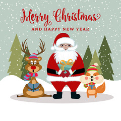 Wall Mural - Christmas card with Santa, reindeer and squirrel