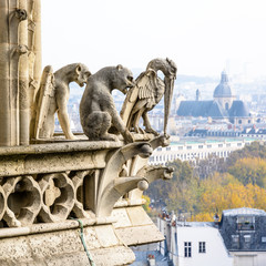 Three stone statues of chimeras on the towers gallery of Notre-Dame de Paris cathedral overlooking the city, with the church of Saint-Paul-Saint-Louis, vanishing in the mist in the distance.