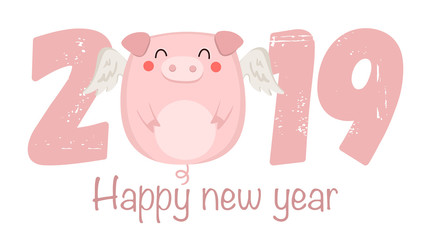 Creative poster for New 2019 Year with cute pig and congratulatory slogan