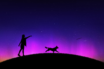 Poster - Girl trains dog in park at night. Vector illustration with silhouettes of woman and running pet. Northern lights in starry sky. Colorful aurora borealis